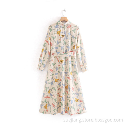 Colorful Floral Printed Shirt Dress With Belt